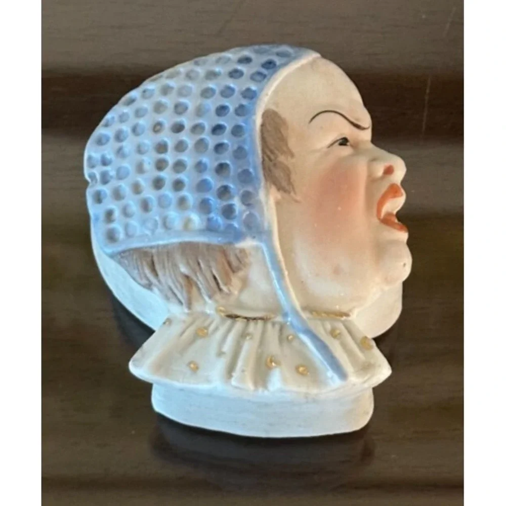 Antique Bisque Porcelain Figural Child‎ Yelling Bonnet Trinket Box German Unmark